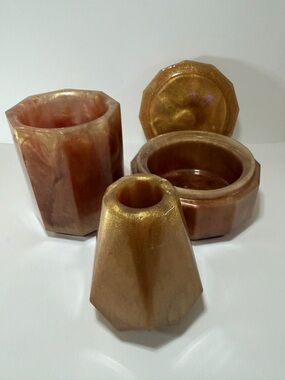 Set of 3 Marbled Resin Trinket Holders in Shimmery Amber